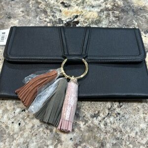 INC Macys black clutch chain strap multi color tassels NWT